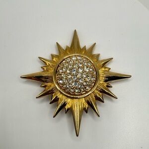 Vintage Daniel Swarovski Sunburst Brooch – Gold Tone Rhinestone Starburst Pin